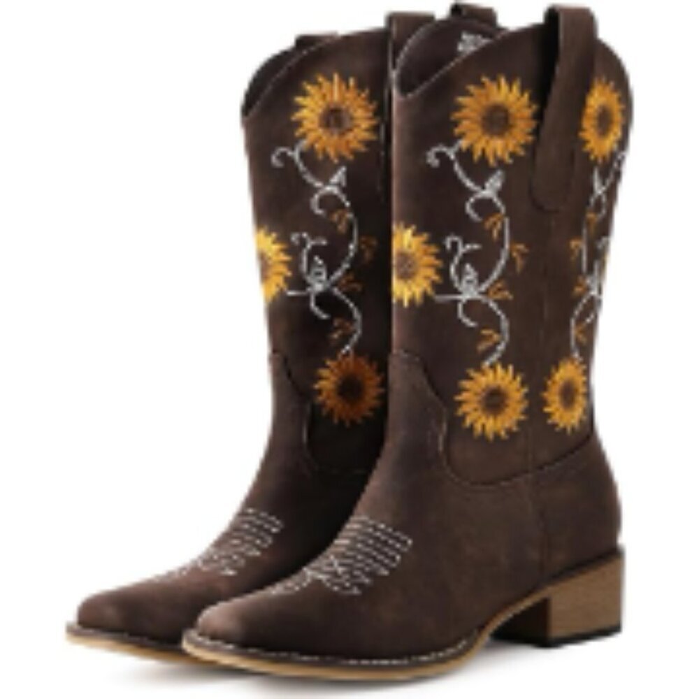 Faux Leather Cowboy Boots with Sunflower Embroidery, Square Toe, Chunky Heel - Picture 1 of 7